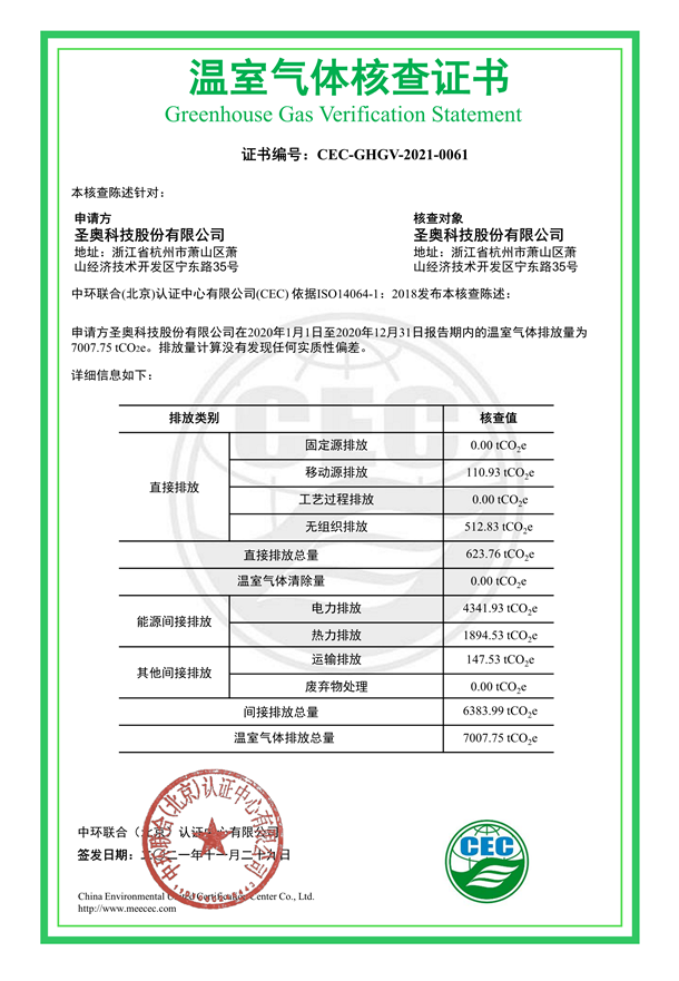  圣奧科技股份有限公司-CEC-GHGV-2021-0061-溫室氣體核查證書(shū)